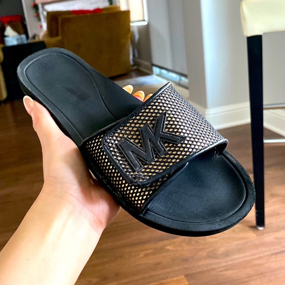 Size 7- Michaelkors adjustable width slippers in gold&black - Picture 1 of 5